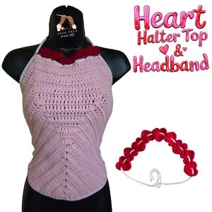 Crochet Pink/Red Heart Halter Top & Headband Set, Handmadebyme, Medium-Large